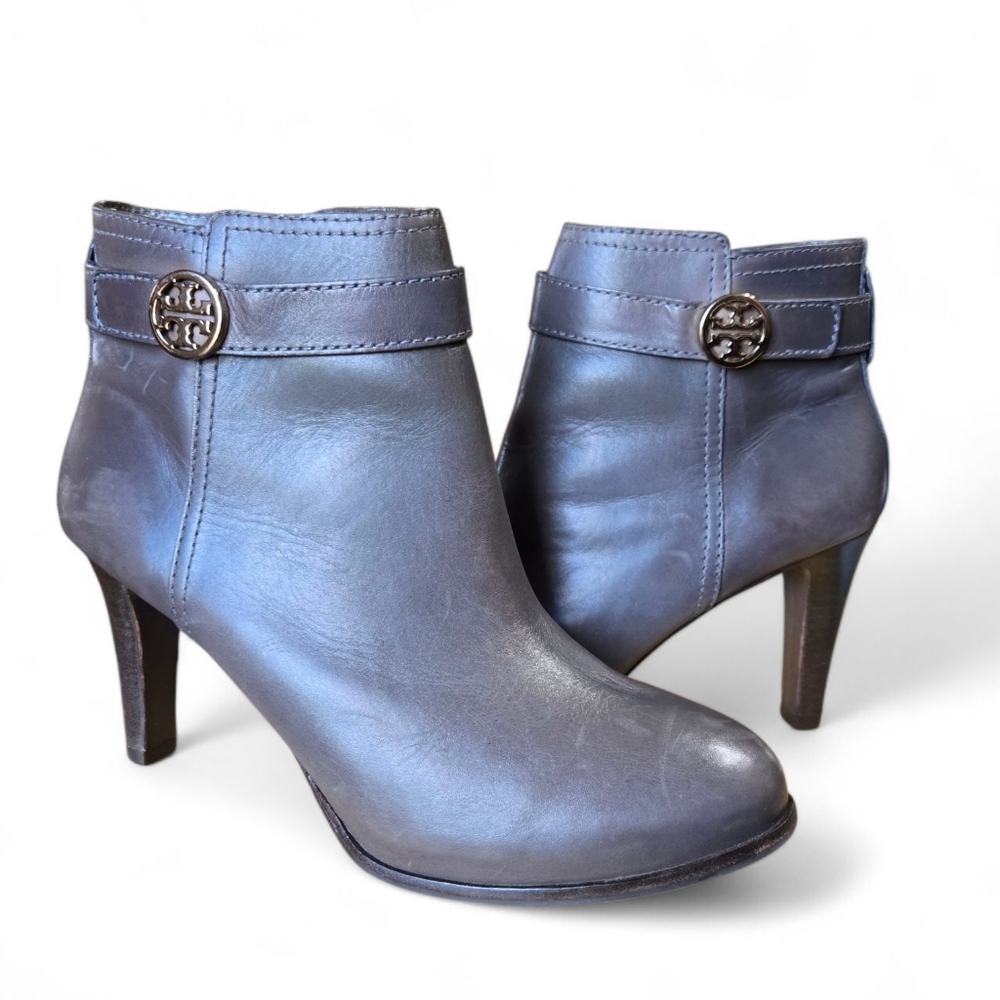 Tory Burch Bristol Women's Leather High Heel Ankle Boots Size 8.5 In Taupe/ Gray